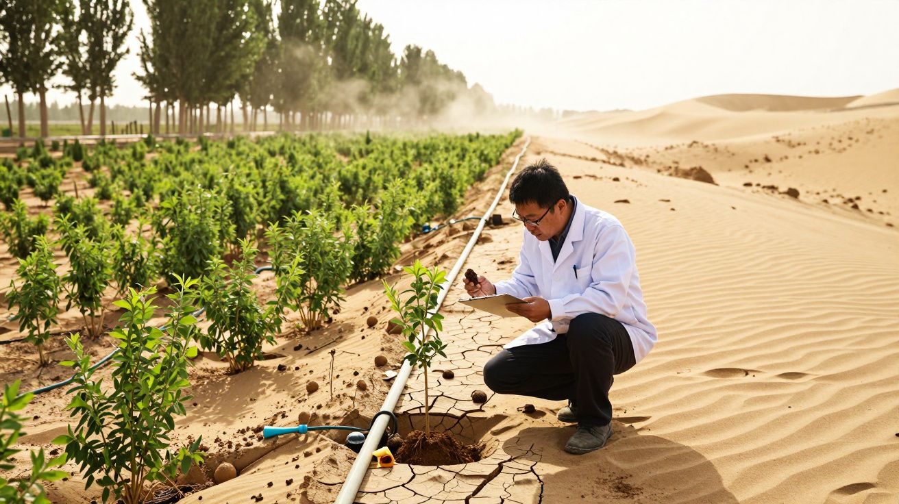 Investigador de bata branca a examinar plantações verdes no deserto com sistema de irrigação.