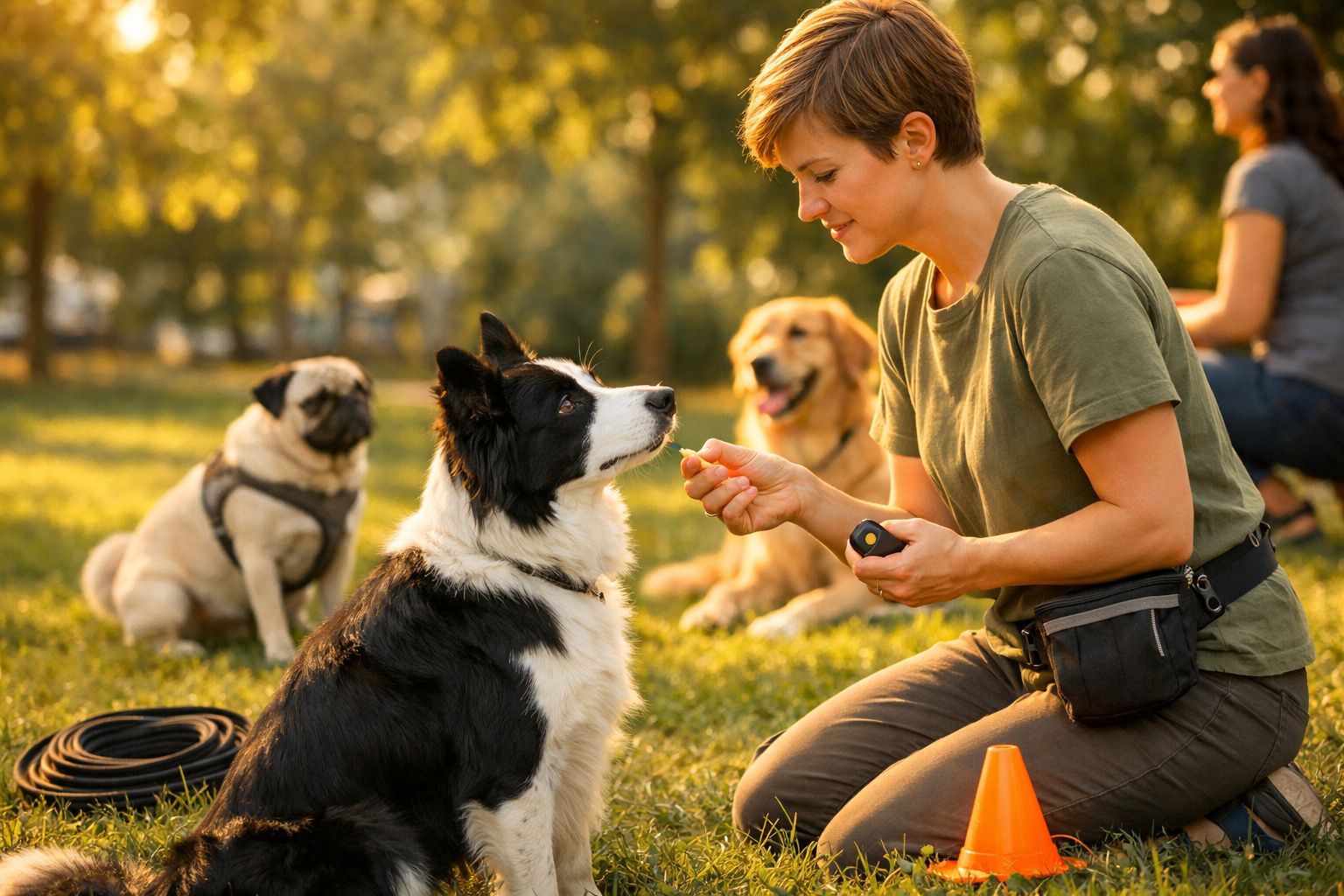 Mulher treina cão Border Collie com comando de adestramento num parque, enquanto outros cães e pessoas estão ao fundo.
