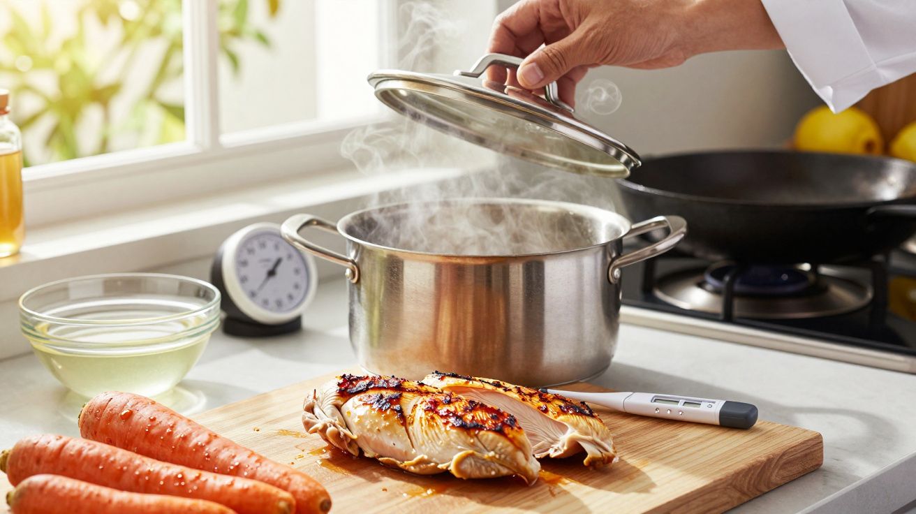 Mão a levantar tampa de panela fumegante, com cenouras e frango grelhado numa tábua de madeira na cozinha.