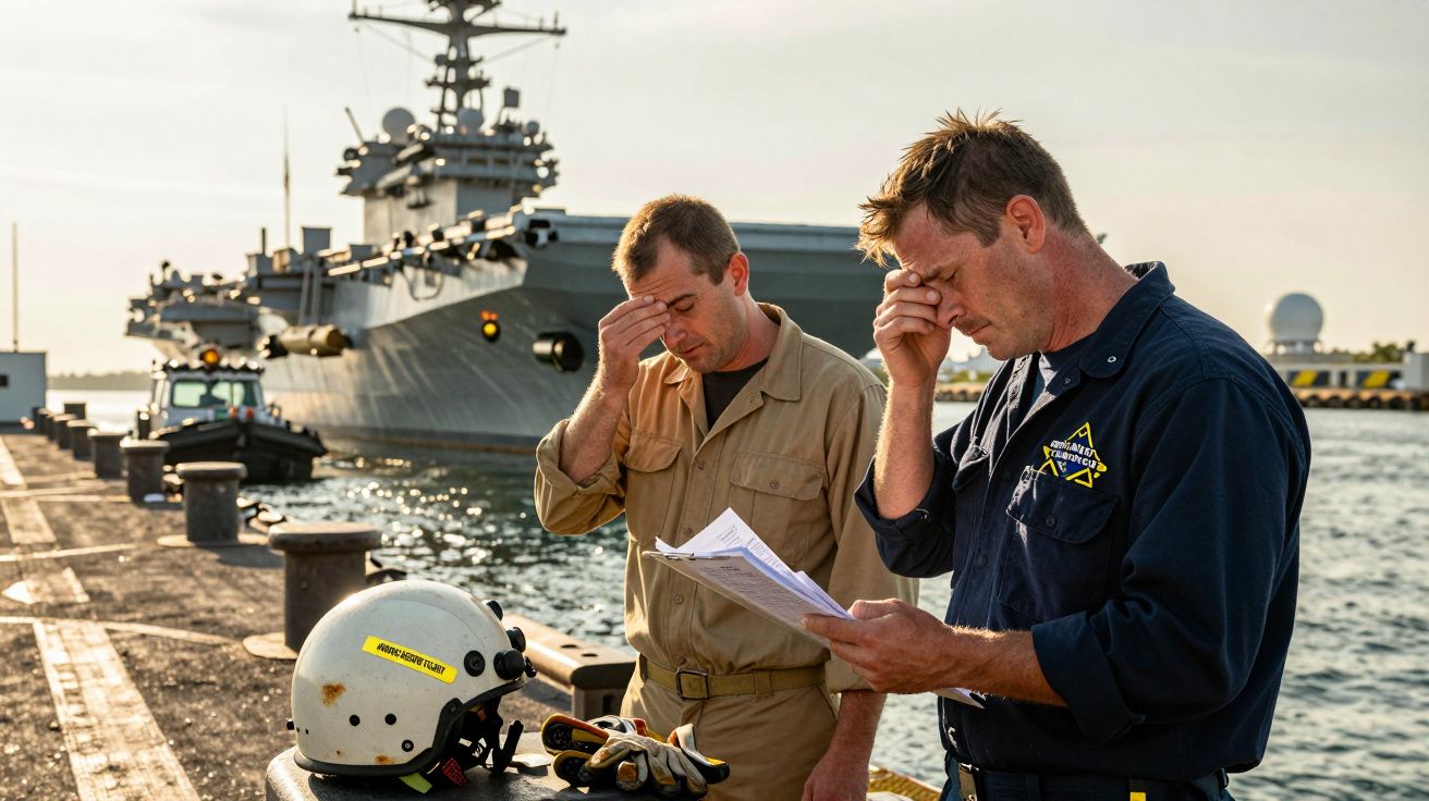 Dois homens uniformizados na doca, com um navio de guerra ao fundo, olhando papéis com expressões preocupadas.