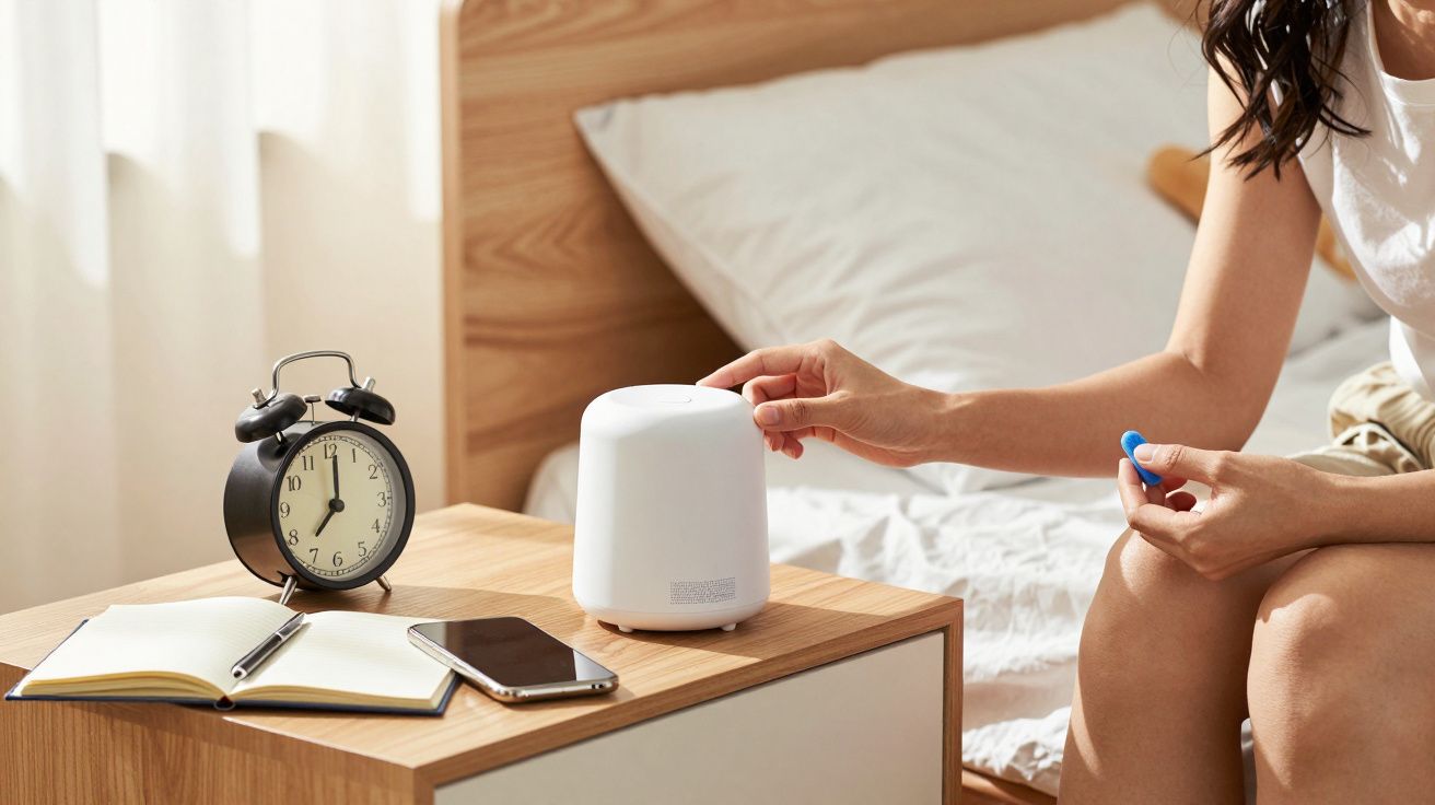 Mulher numa cama ajusta um difusor branco numa mesa de cabeceira com um despertador preto, telemóvel e caderno.