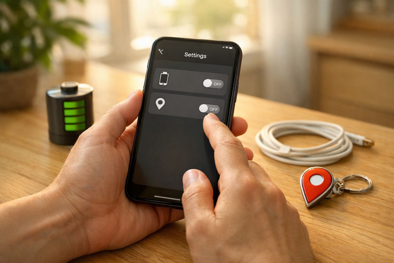 Mão a segurar smartphone com opções de localização; mapa, relógio e cabo USB em segundo plano.