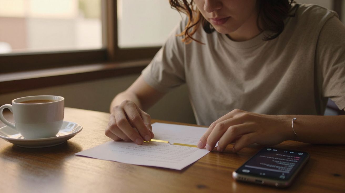 Mulher a ler um documento à mesa com uma chávena de café e um smartphone ao lado.