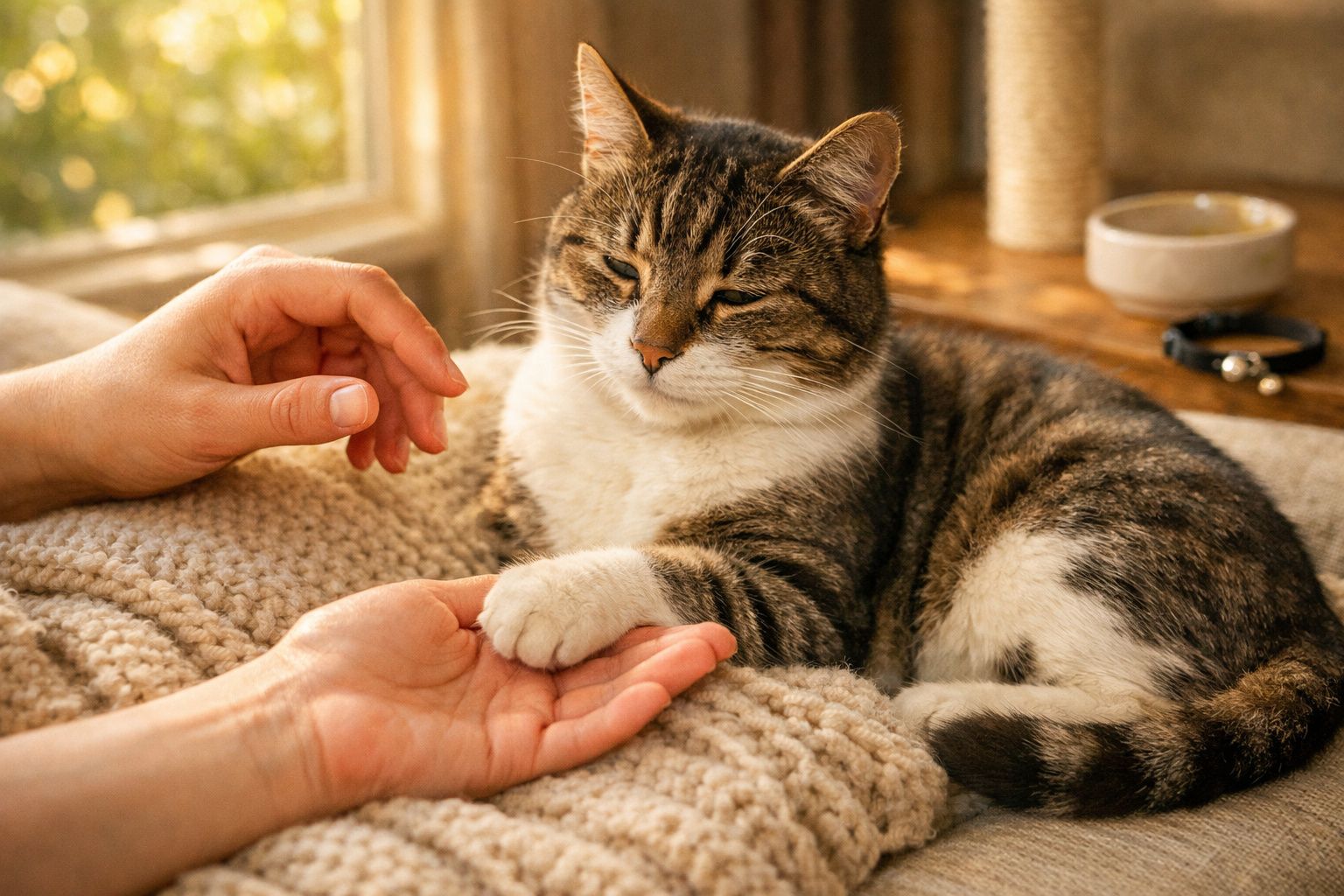 Homem e gato deitados, o gato coloca a pata na mão do homem numa demonstração de afeto.