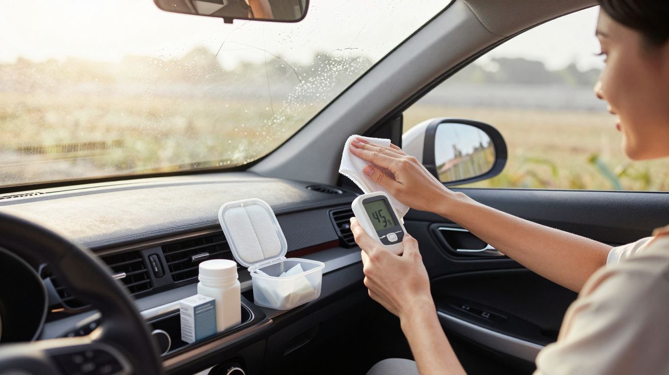 Mulher limpa painel do carro enquanto verifica dispositivo digital de leitura, com sol ao fundo.