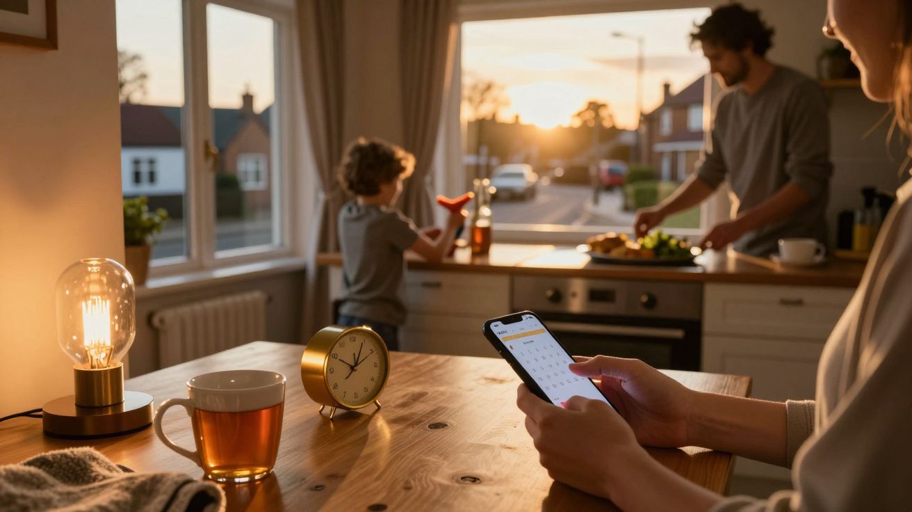 Mulher usando telemóvel numa cozinha iluminada pelo sol ao entardecer, enquanto homem e criança cozinham ao fundo.