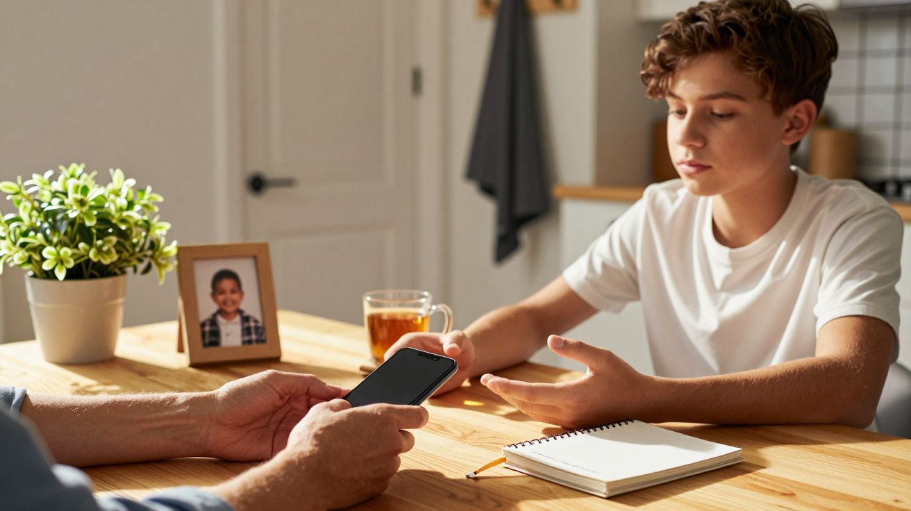 Adolescente com expressão séria, sentado à mesa com caderno e chá. Outro adulto segura um telemóvel. Flor e foto ao fundo.