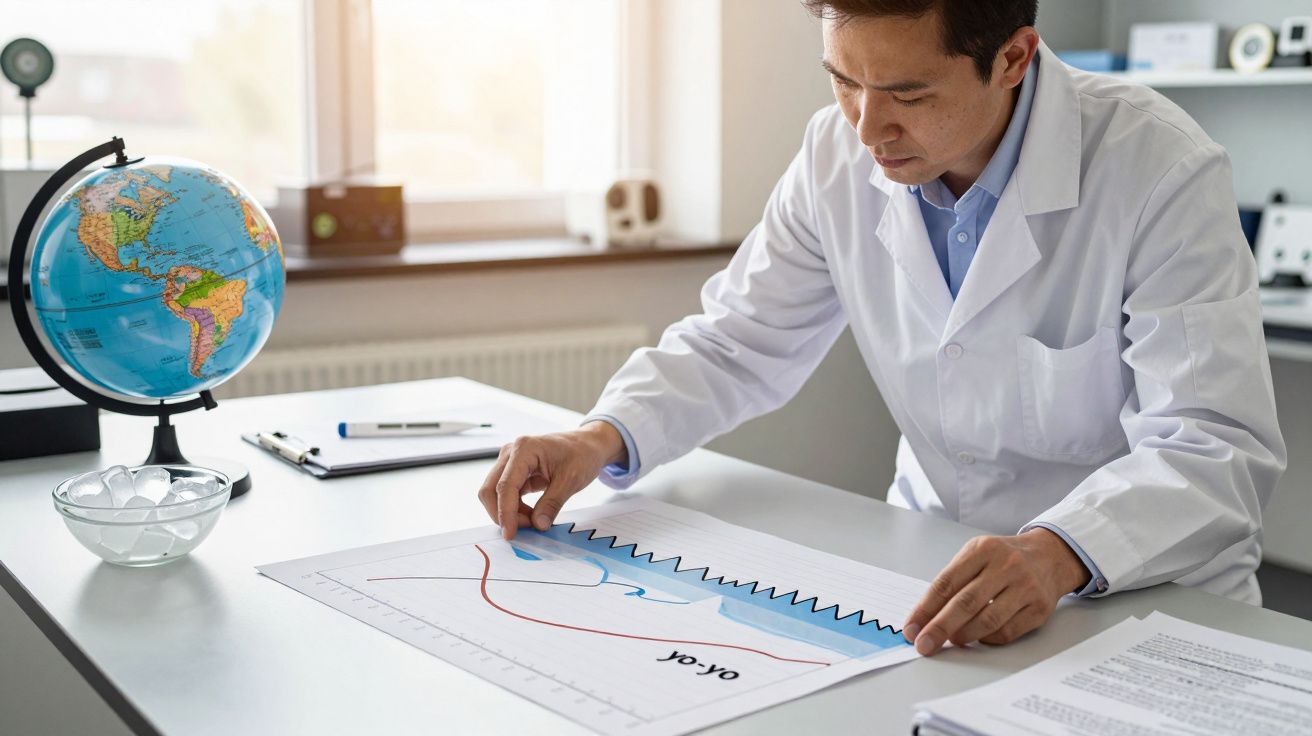 Cientista analisando gráfico em laboratório, com globo terrestre em cima da mesa.