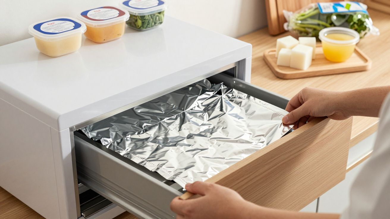 Pessoa a colocar folha de alumínio numa gaveta de armazenamento na cozinha, com alimentos em recipientes na bancada.