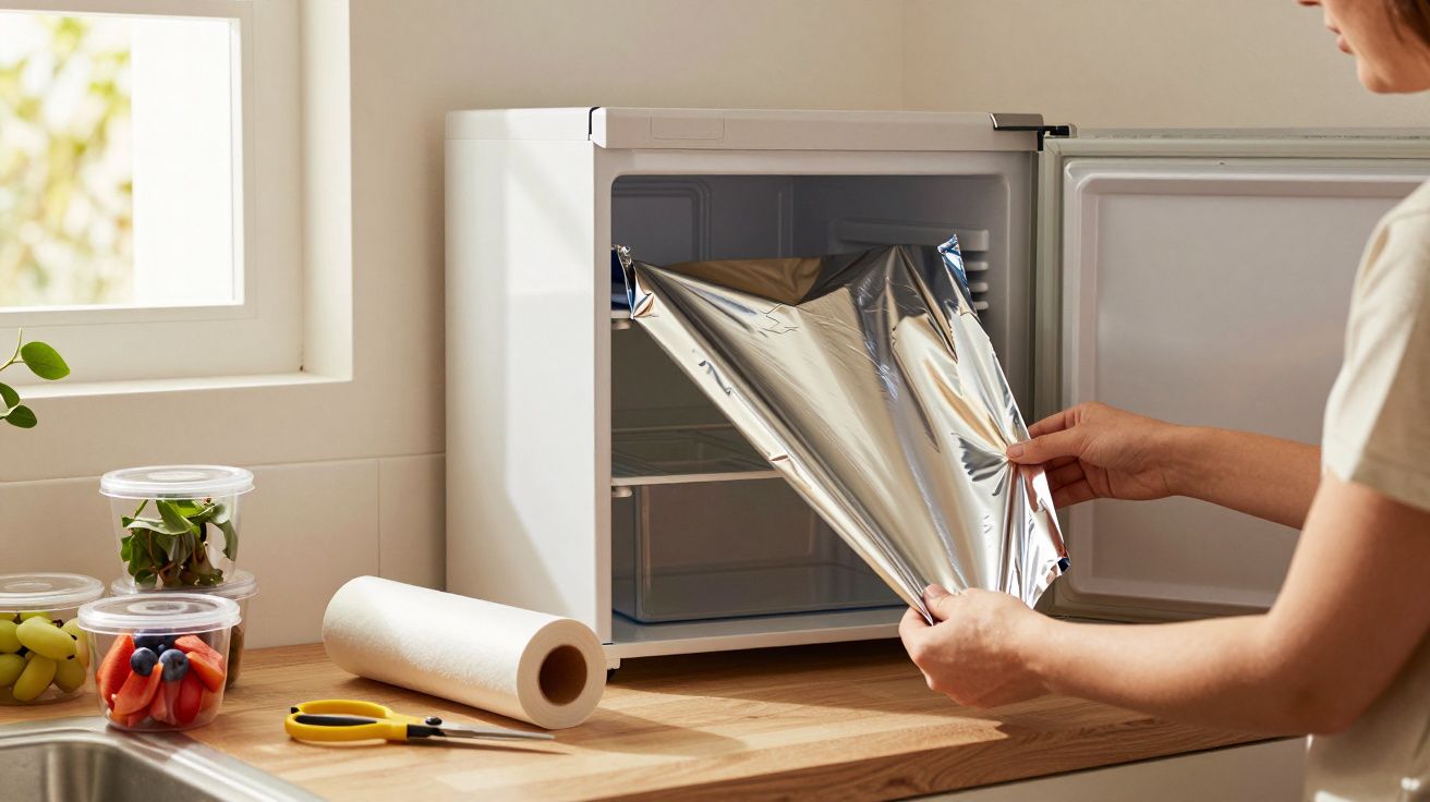 Pessoa cobre prateleira do frigorífico com folha de alumínio, ao lado de rolo de papel e recipientes de alimentos.
