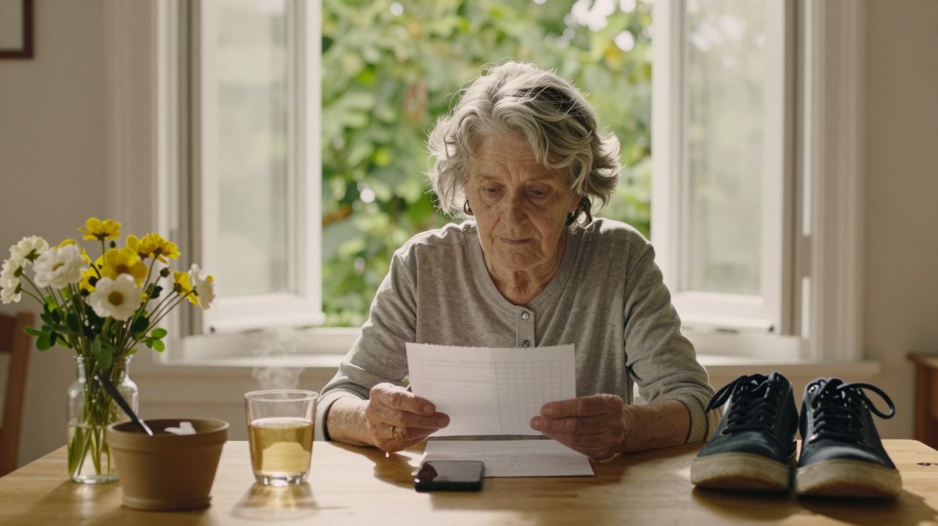 Idosa sentada à mesa, lendo uma carta, com flores, chá e um par de sapatos ao lado, junto a uma janela aberta.