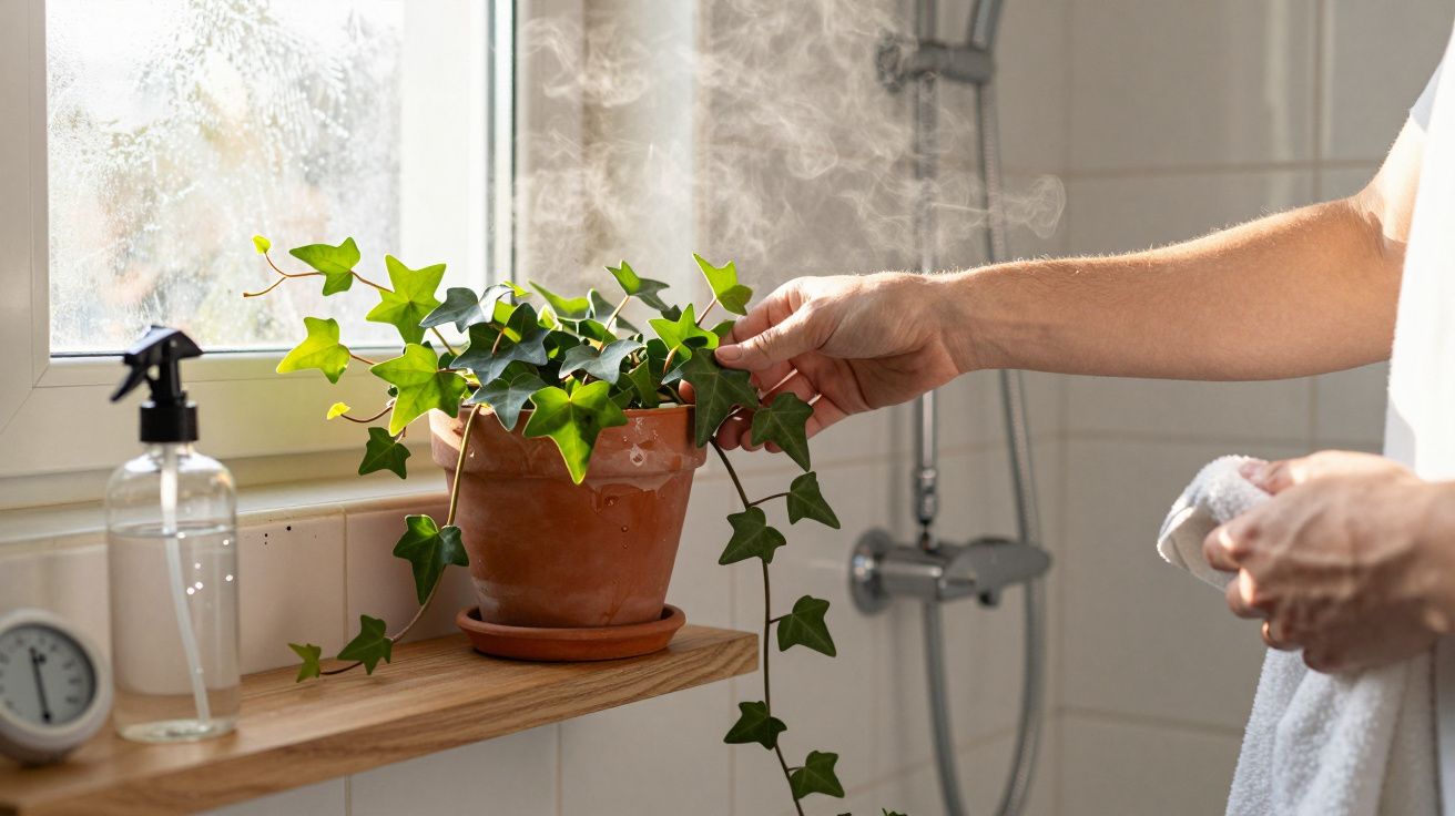 Pessoa cuidando de planta num vaso de terracota numa casa de banho, com vapores visíveis ao lado de janela húmida.