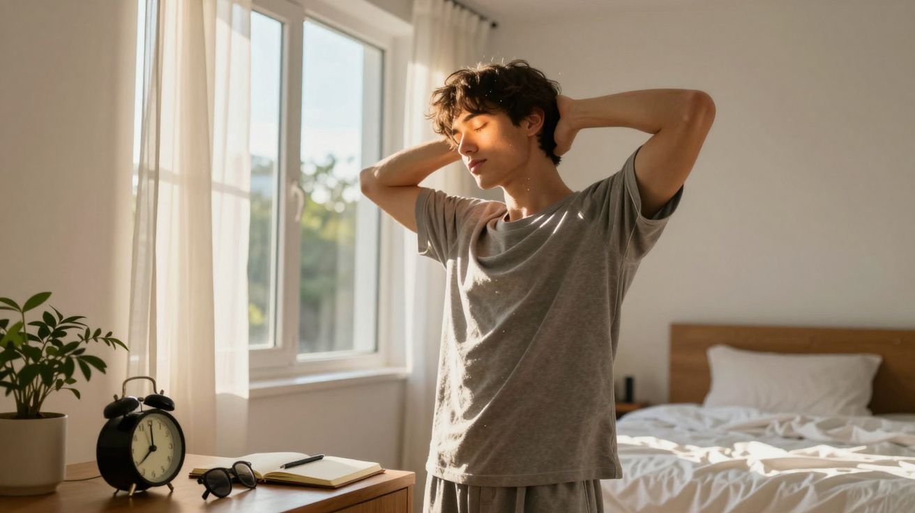 Homem espreguiça-se ao lado de uma janela, com luz solar suave entrando no quarto minimalista.