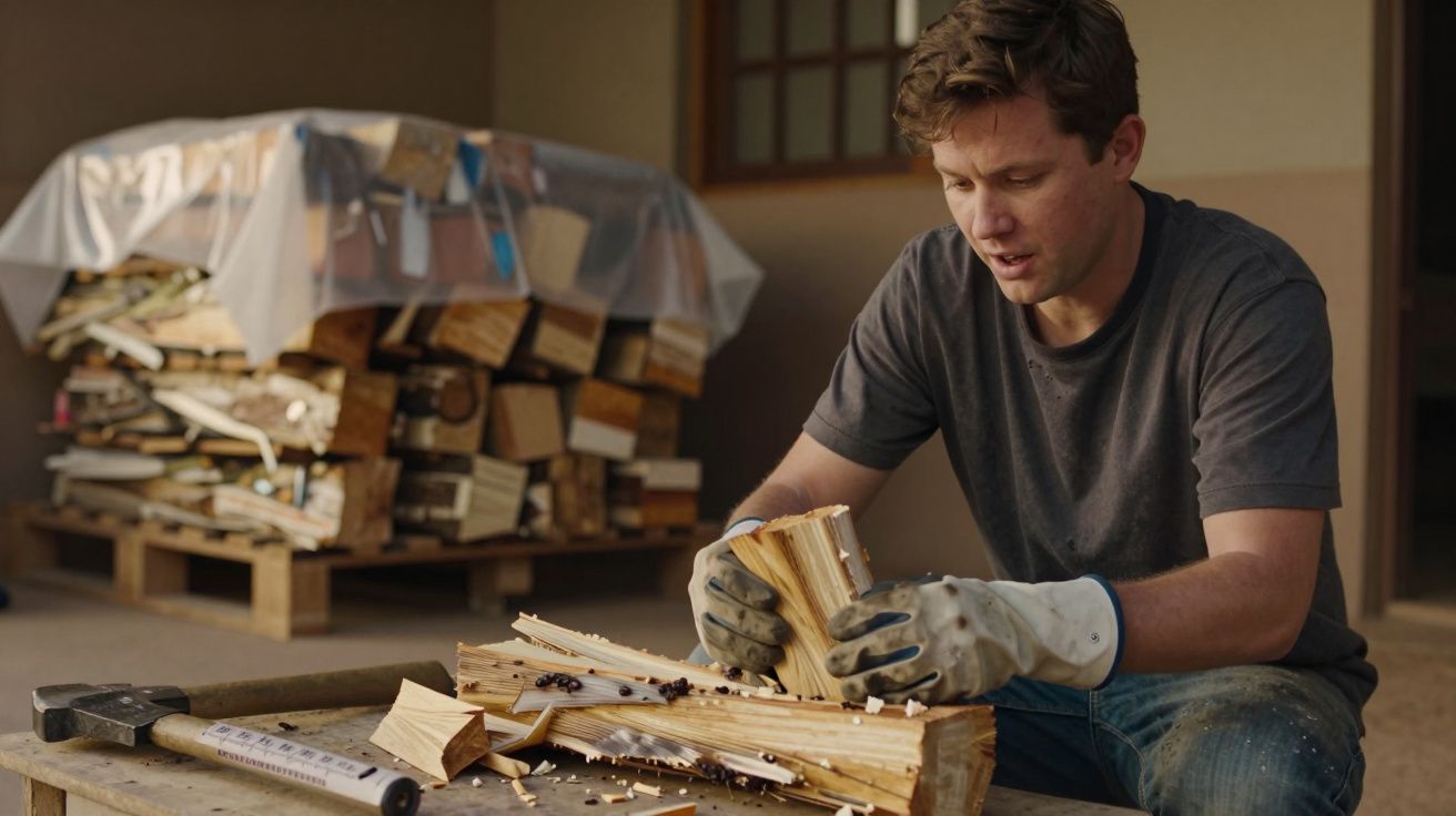 Homem serrando madeira numa bancada com luvas, martelo ao lado e pilha de madeira atrás.