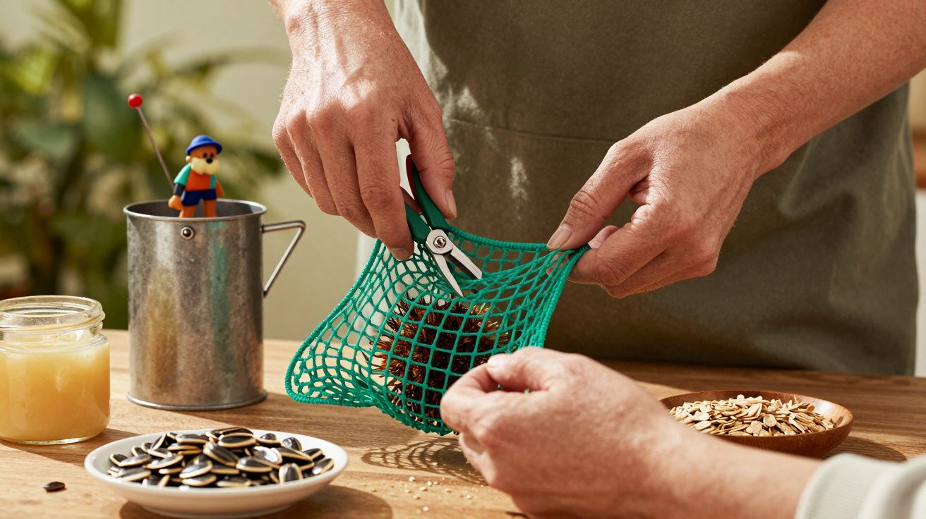 Mãos recortam rede verde com tesoura, sobre mesa com sementes e jarro metálico ao lado.