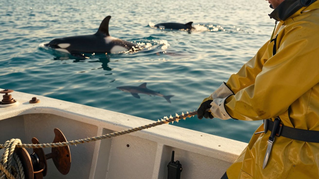 Pessoa num barco puxa corda enquanto orcas nadam ao lado na água azul.