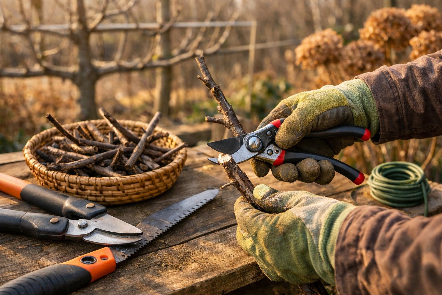 Pessoa podando uma planta com tesoura de poda, serrote e rolo de arame ao lado, em jardim ao ar livre.