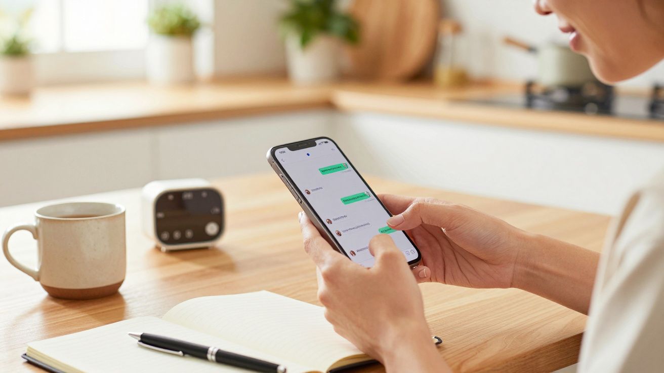 Pessoa a usar smartphone e a enviar mensagens numa cozinha, com caderno e caneca sobre a mesa.