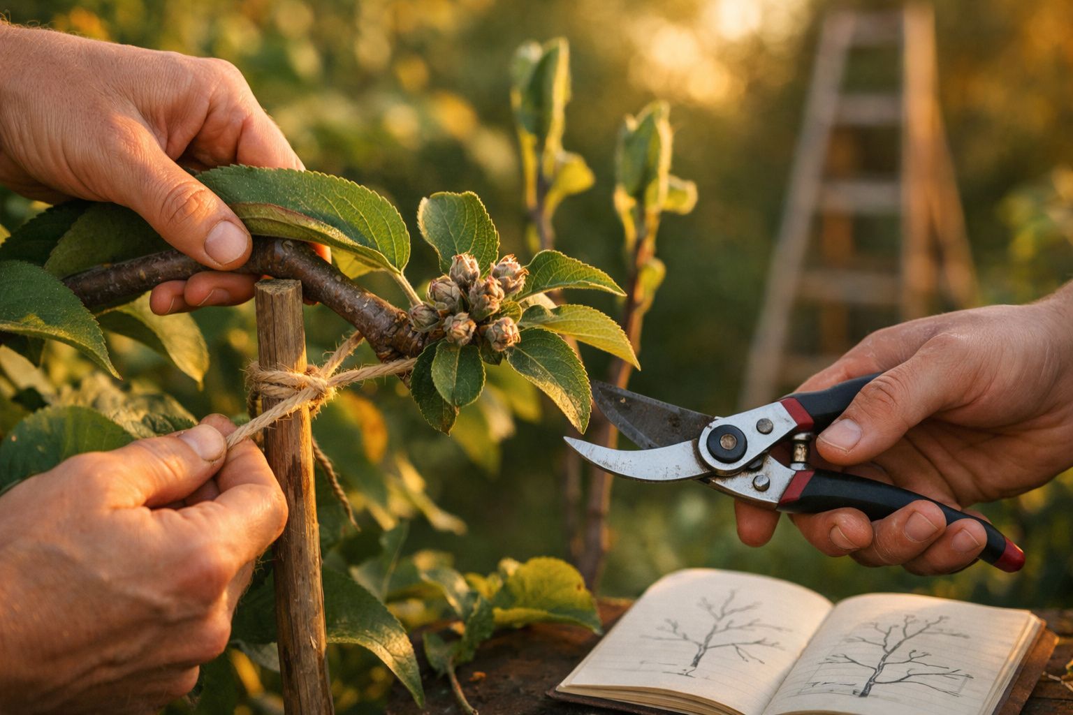 Duas mãos podam e amarram ramos de plantas, com um livro de jardinagem aberto ao fundo num jardim ensolarado.
