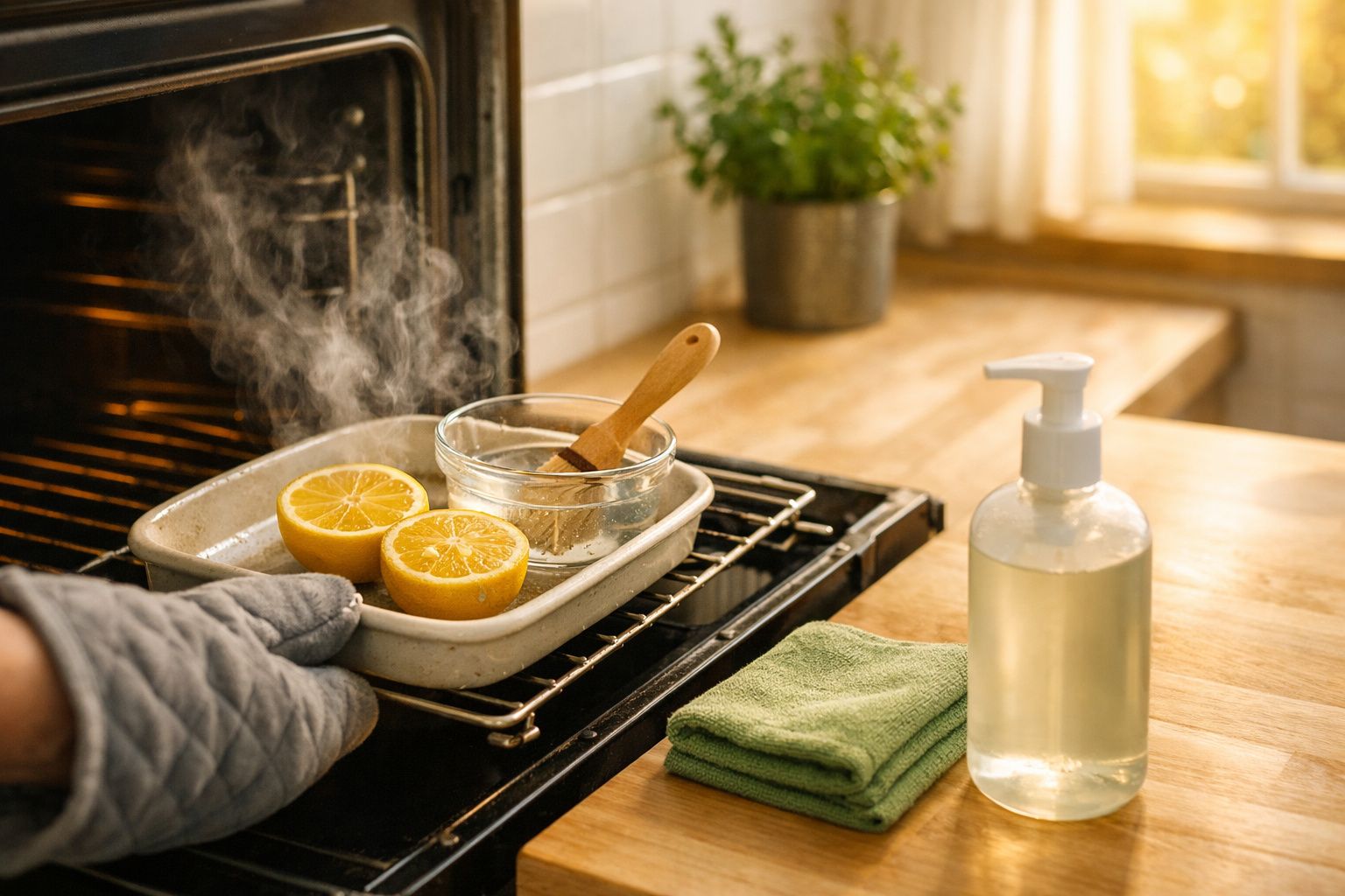 Pessoa retira tabuleiro com citrino caramelizado de um forno, com vapor visível na cozinha.