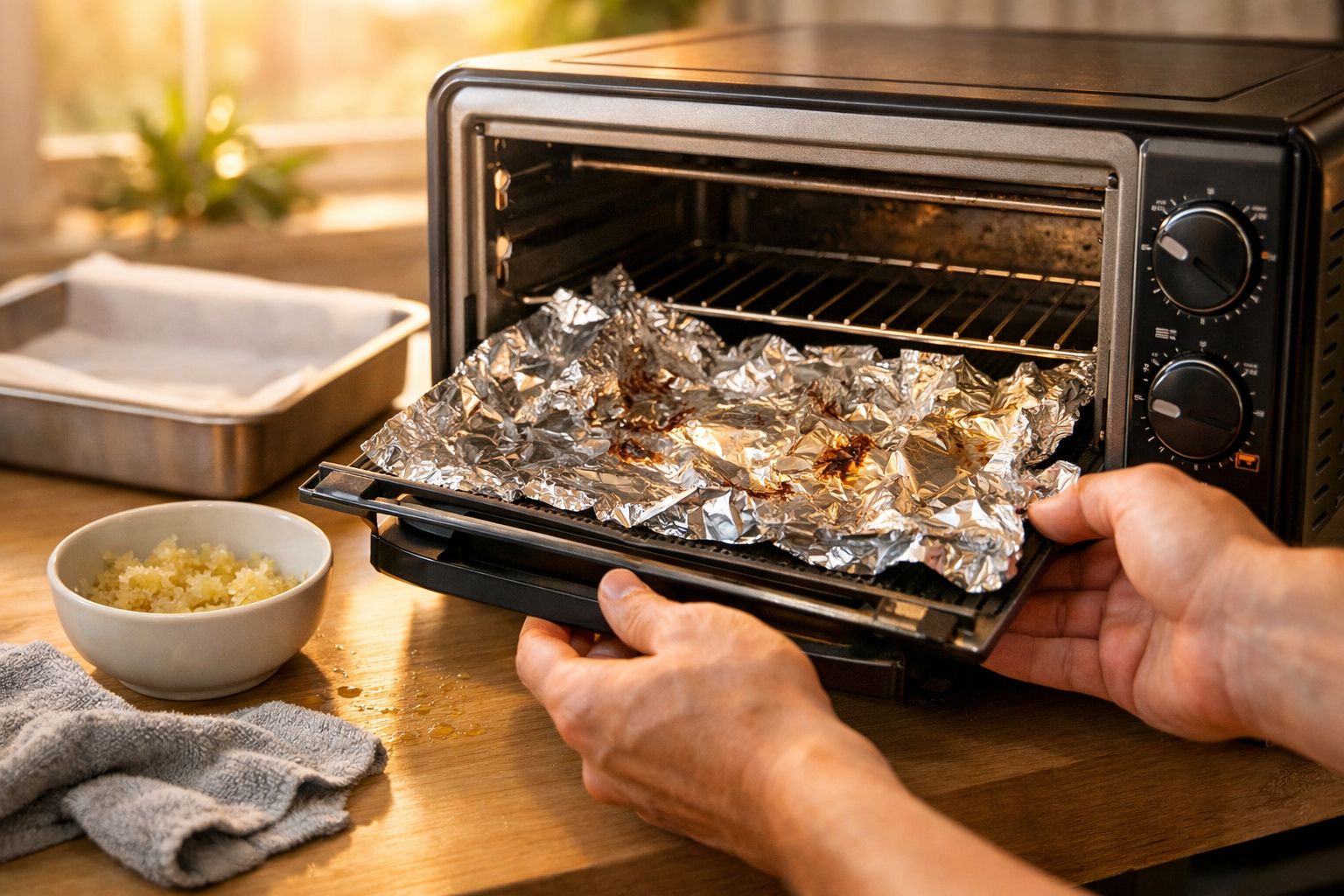 Mãos retiram tabuleiro com papel de alumínio de forno pequeno; tigela de alimentos ao lado.
