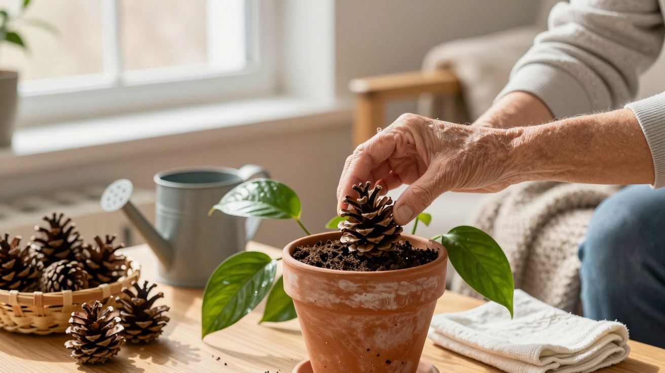 Mão a colocar pinha num vaso de terra numa mesa de madeira, regador e cesta com pinhas ao fundo.