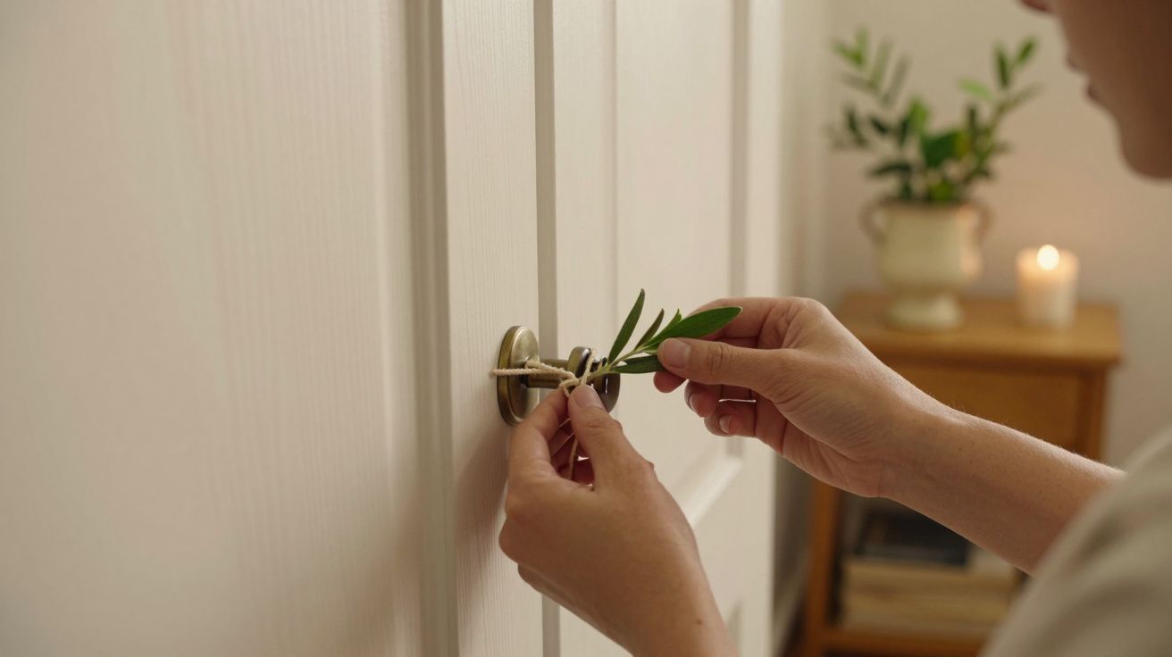Pessoa inserindo um ramo verde num puxador de porta, com uma vela acesa e vaso ao fundo.