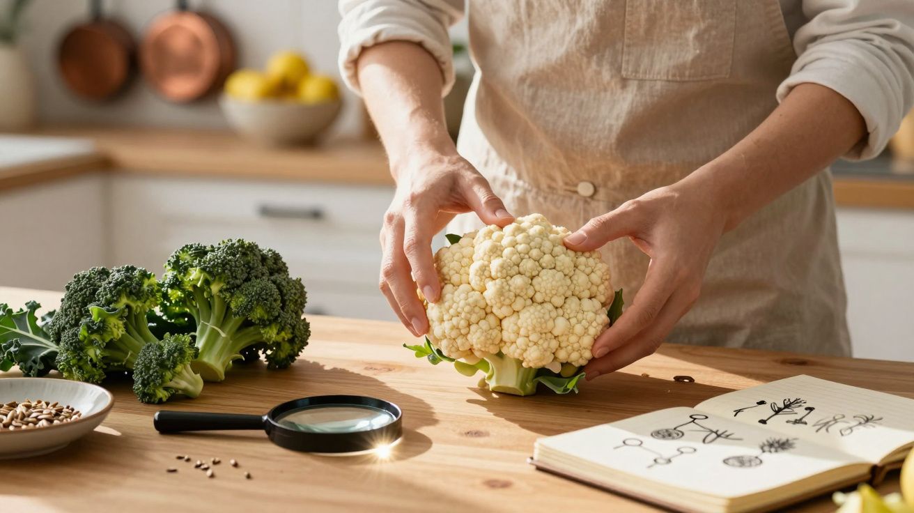 Pessoa segura uma couve-flor numa cozinha, com brócolos, lupa e livro de desenhos botânicos sobre a mesa.