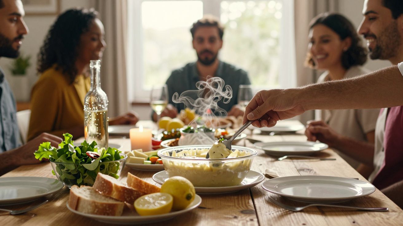 Grupo de amigos à mesa sorrindo enquanto partilham um jantar.