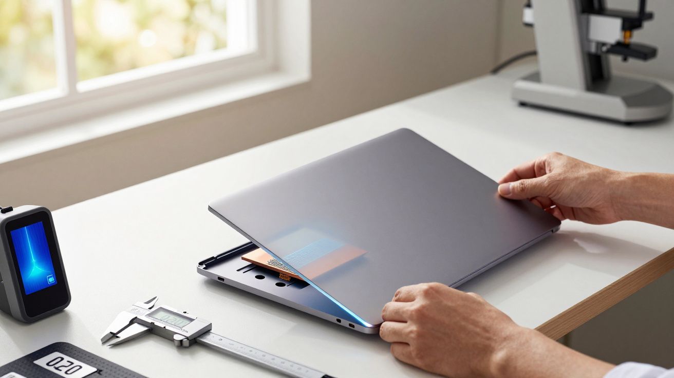 Pessoa a fechar portátil cinzento numa mesa de trabalho, com ferramentas e janela ao fundo.