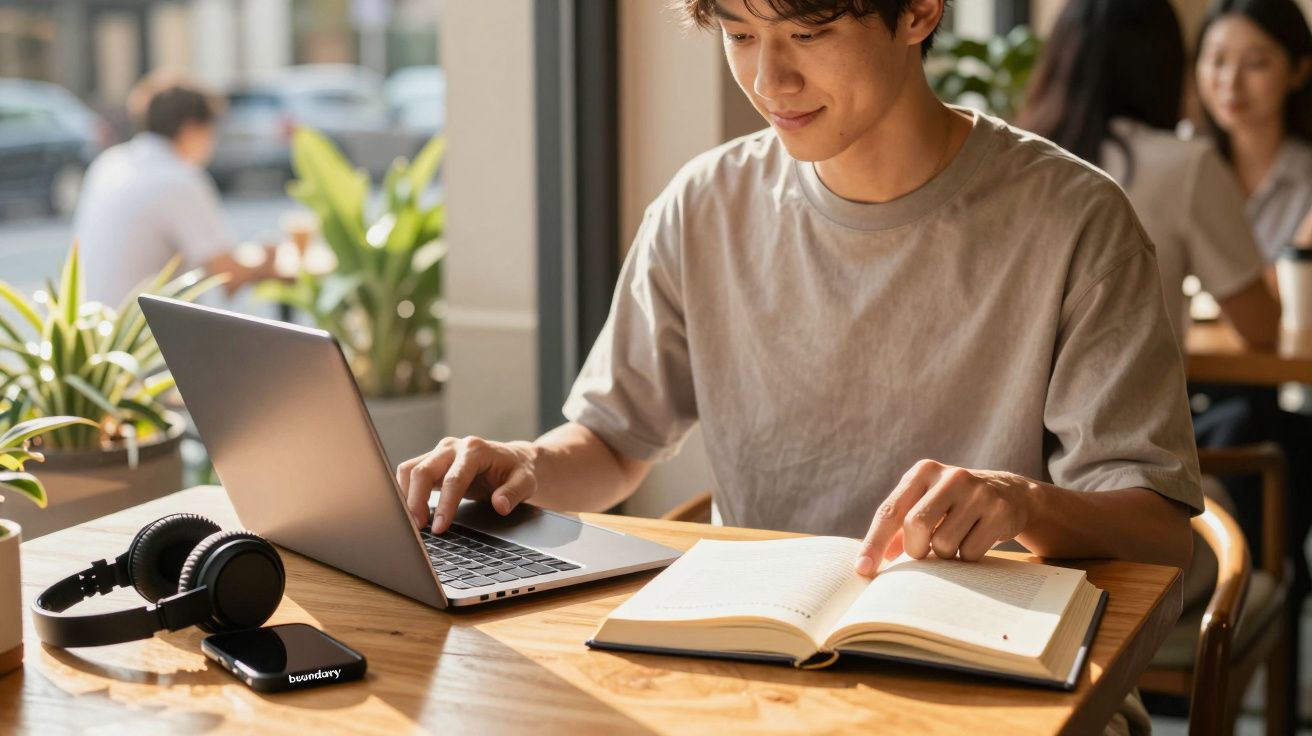 Pessoa a estudar num café, usando um portátil e um caderno em mesa com auriculares e plantas ao fundo.