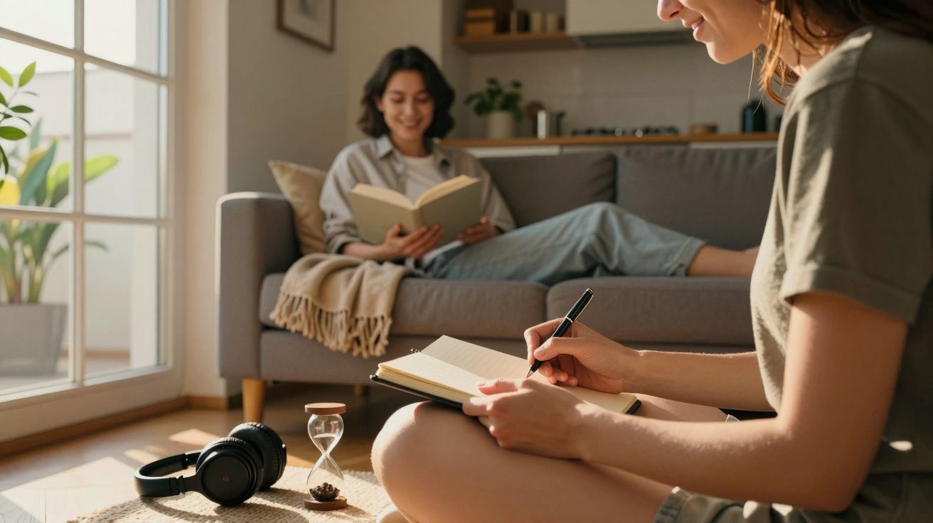 Duas mulheres numa sala iluminada, uma a ler no sofá e outra a escrever no chão com caderno e ampulheta.