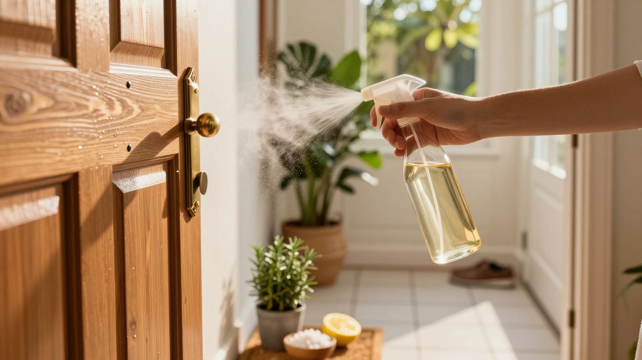 Mão borrifa líquido em maçaneta de porta de madeira, com plantas ao fundo.