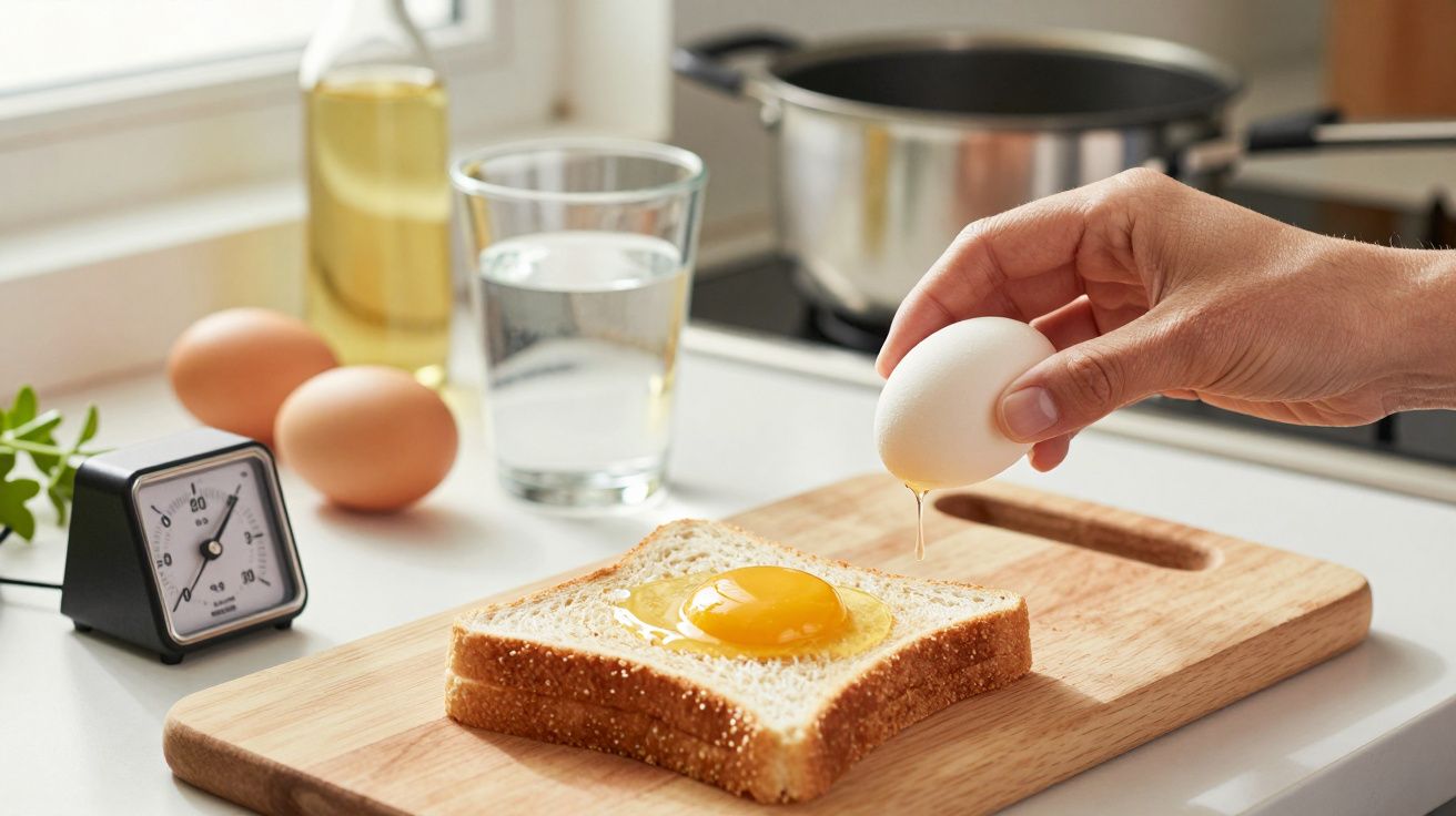 Mão quebra ovo sobre fatia de pão numa tábua, ao lado de um copo de água e temporizador na cozinha iluminada.