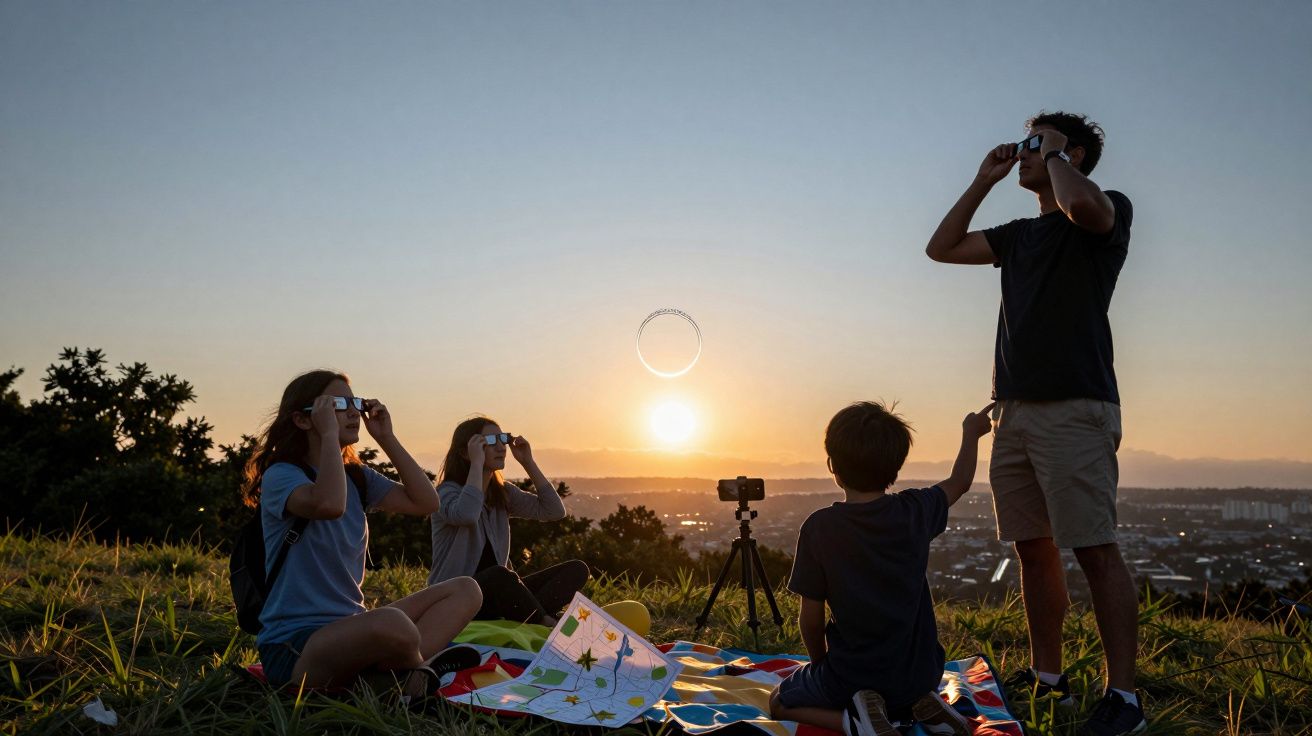 Grupo a observar eclipse solar com óculos especiais num campo durante o pôr do sol.