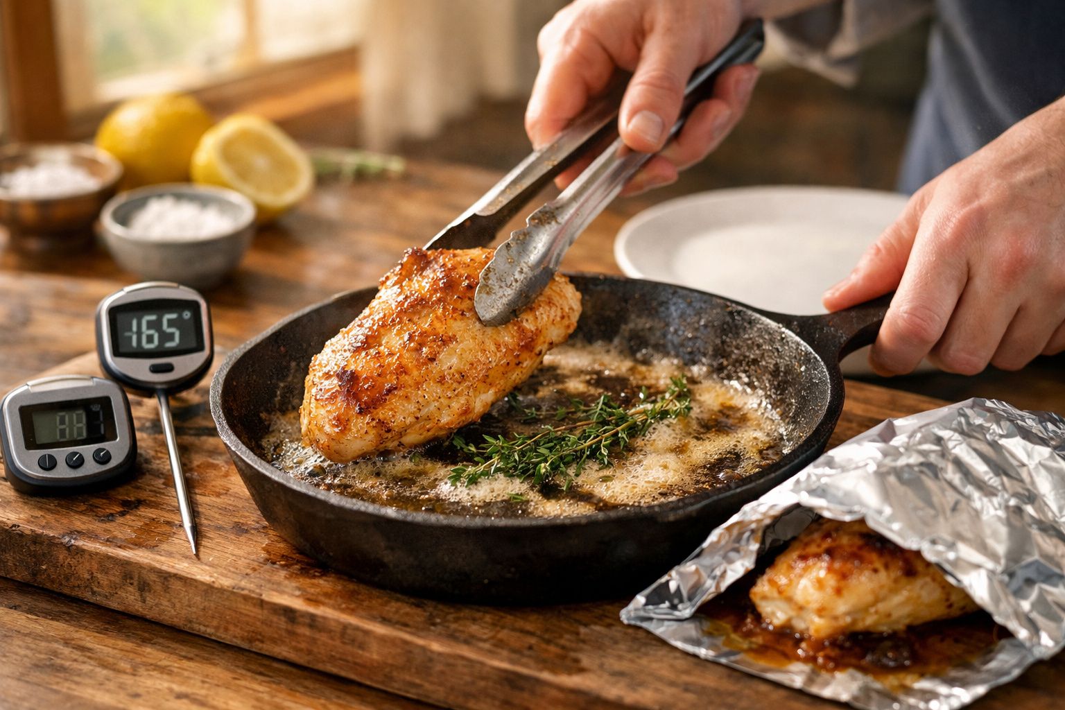 Pessoa cozinha peito de frango dourado numa frigideira com ervas, termómetros mostram temperatura.