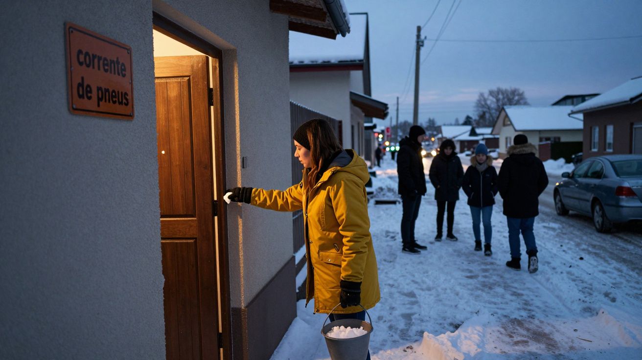 Mulher de casaco amarelo entra numa casa carregando um balde de neve; grupo ao fundo em rua nevada.
