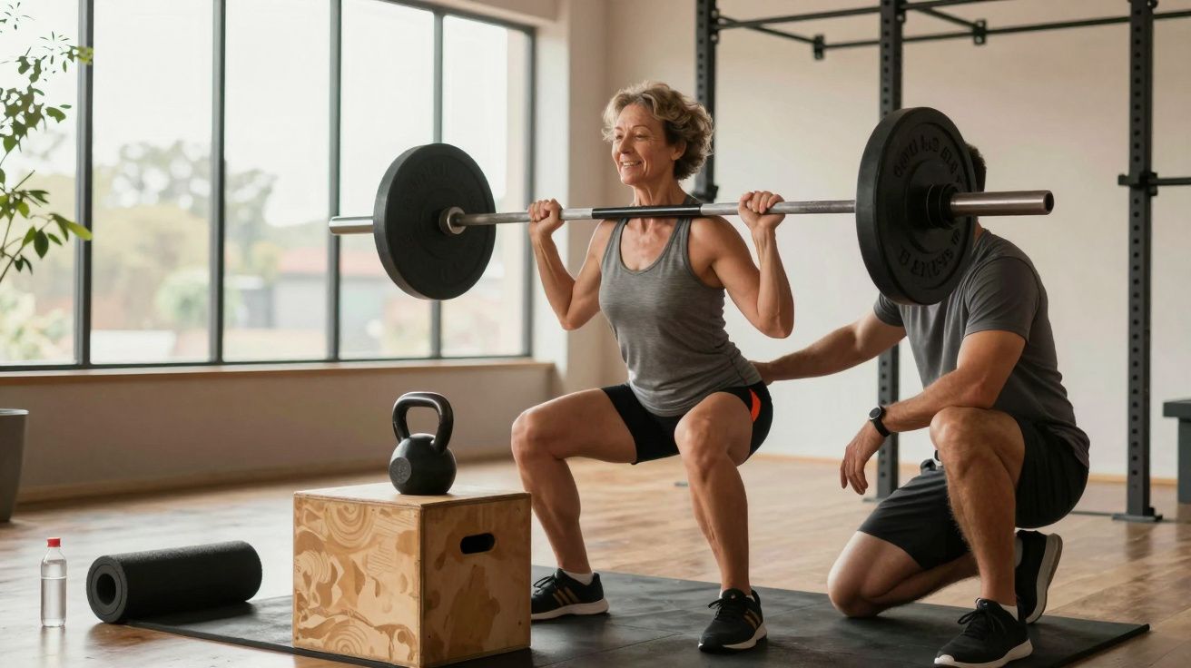 Mulher madura a levantar pesos guiada por treinador numa academia bem iluminada.