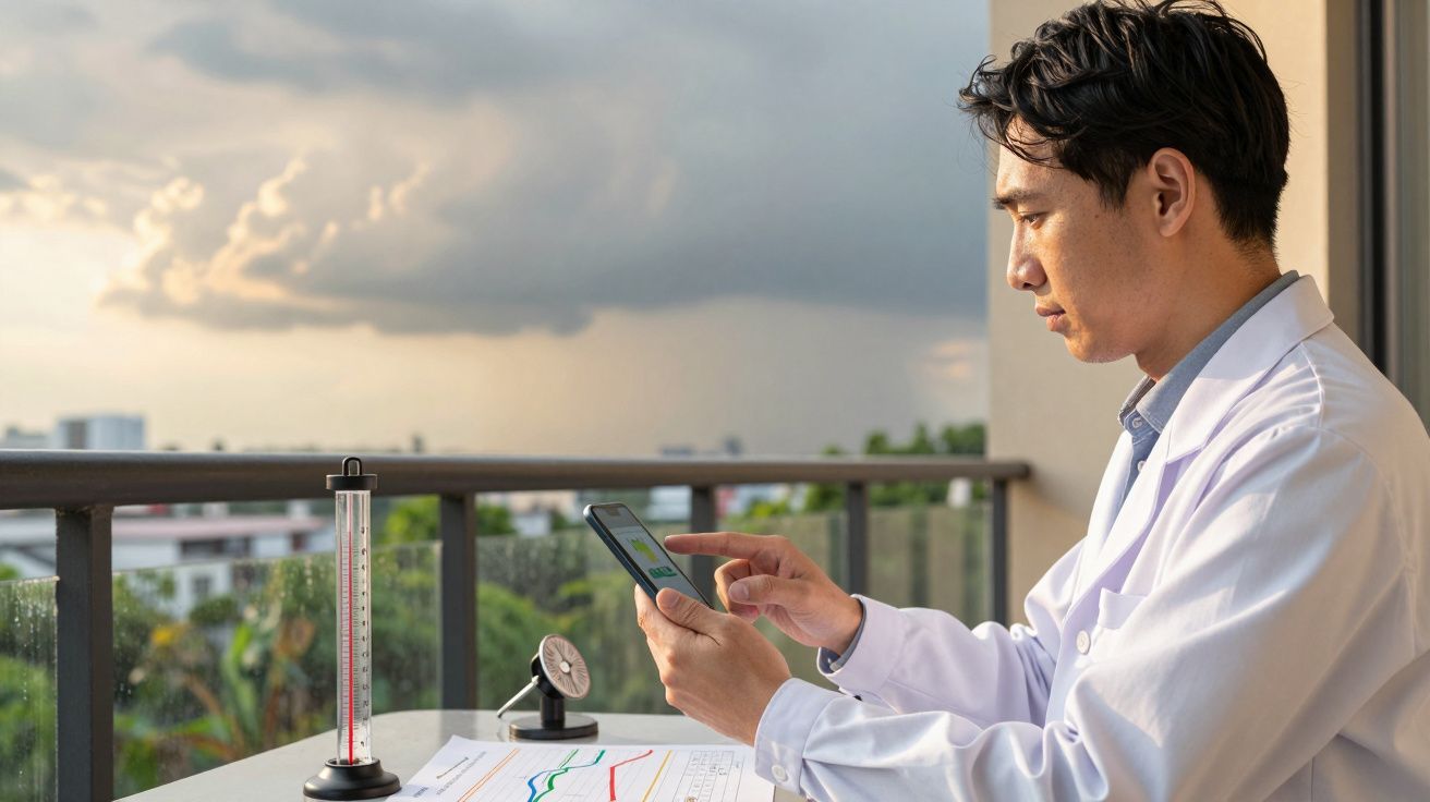Cientista em varanda, com laptop, analisando dados meteorológicos, ao entardecer.