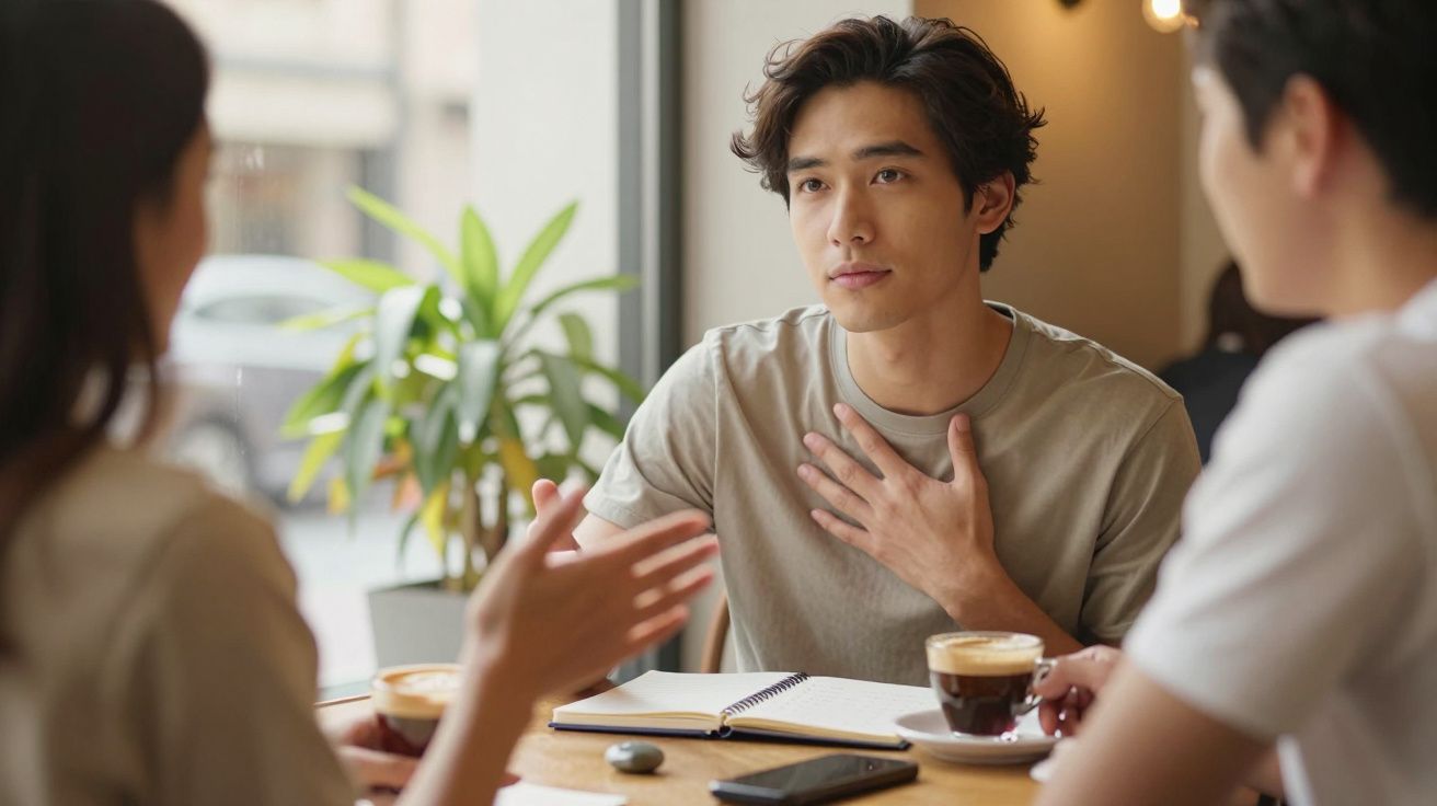 Homem em café, mão no peito, conversa com duas pessoas. Na mesa, chávenas de café e caderno aberto.