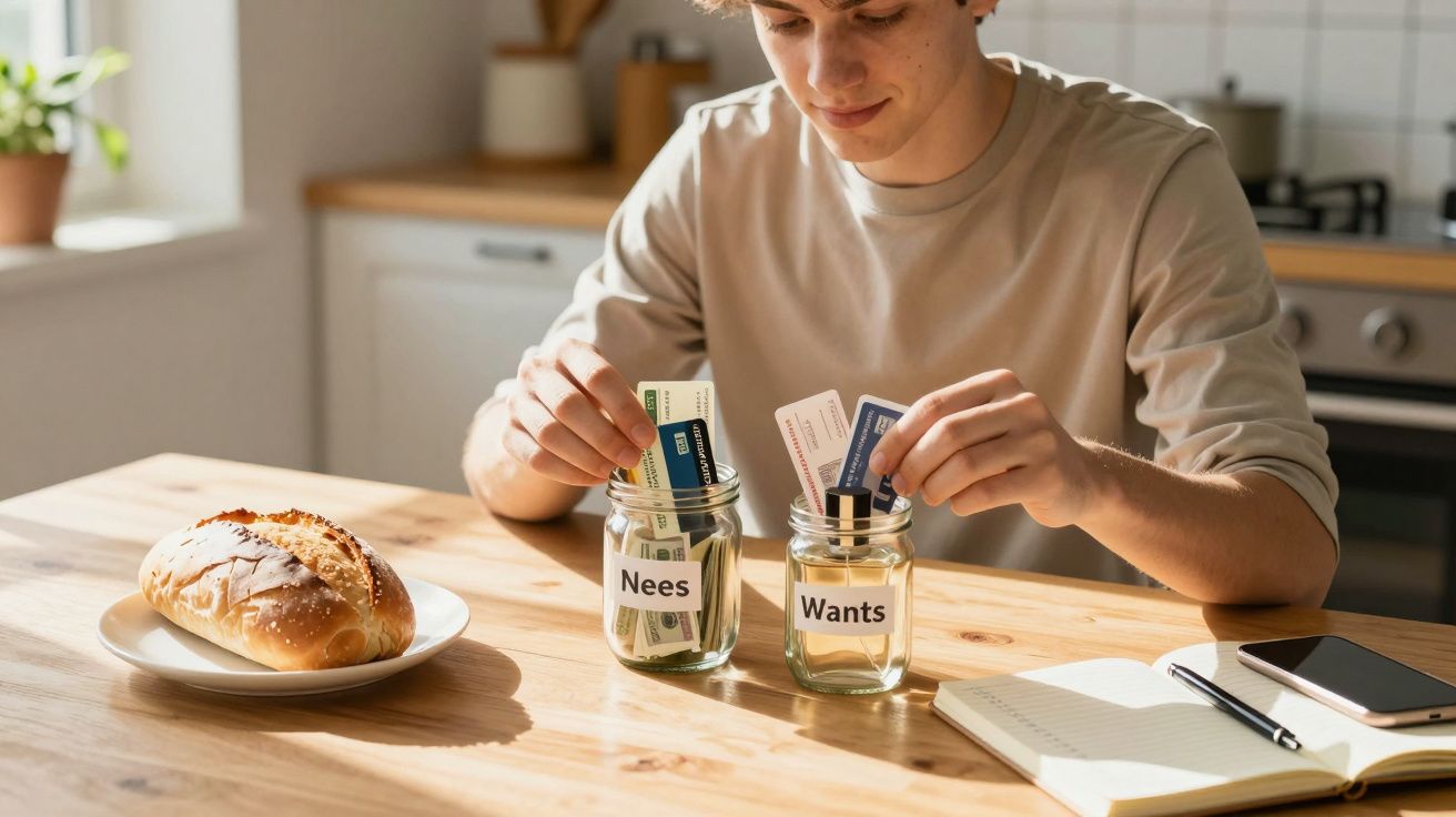 Homem a separar notas e cartões em frascos "Needs" e "Wants", numa cozinha com pão e caderno na mesa.