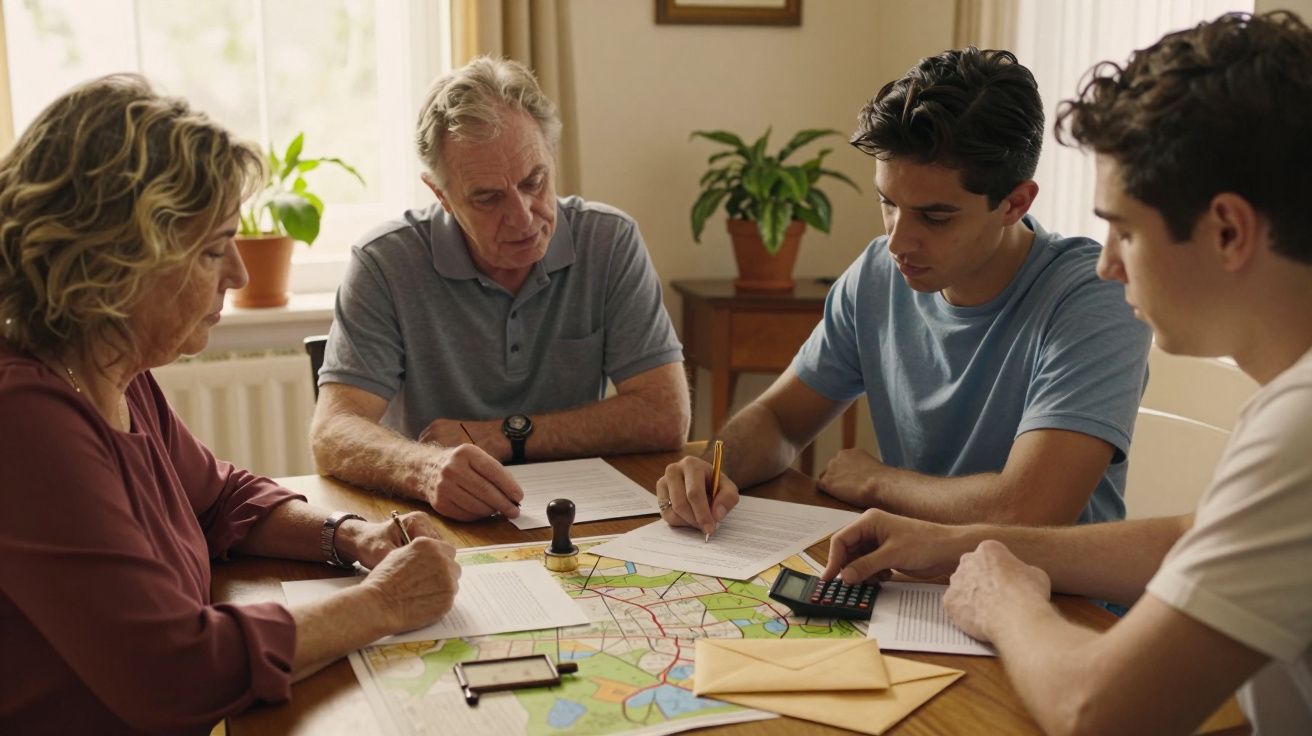 Grupo de pessoas concentrado em papéis e mapas numa mesa, enquanto discute e toma notas.
