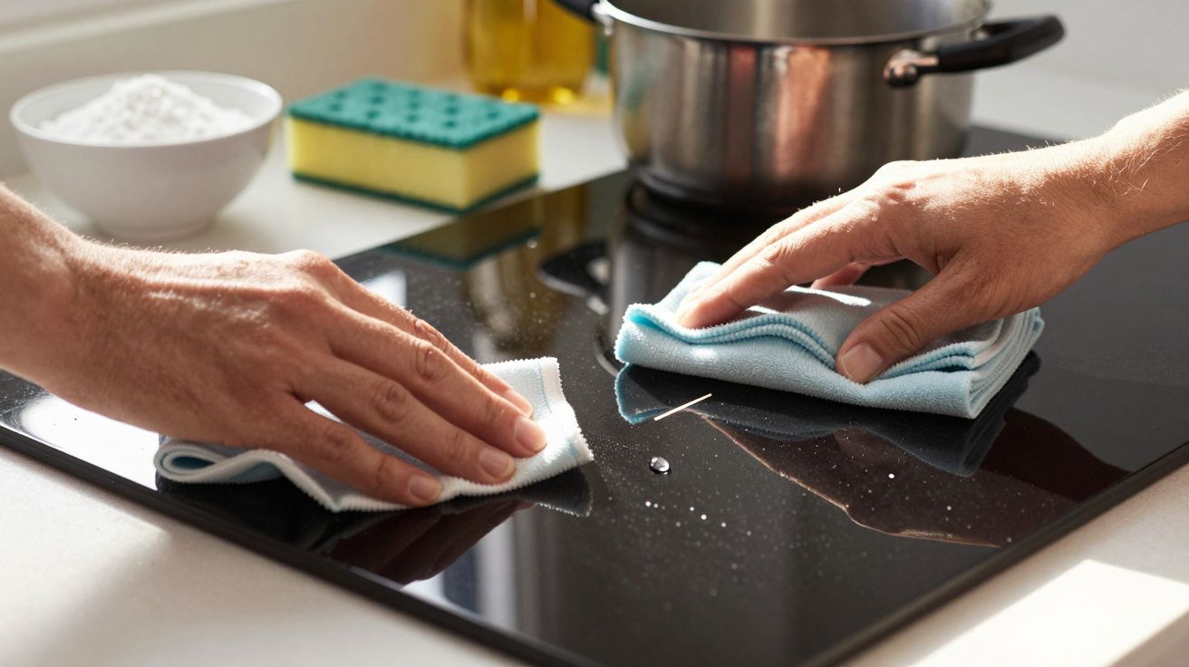 Duas mãos limpam um fogão de vitrocerâmica com panos, esponja e panela ao fundo.