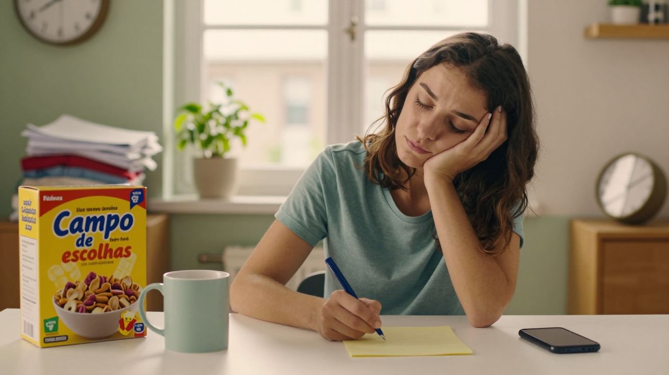 Mulher pensativa escreve em papel amarelo numa mesa com caixa de cereais, chávena e telemóvel, à frente de janela.
