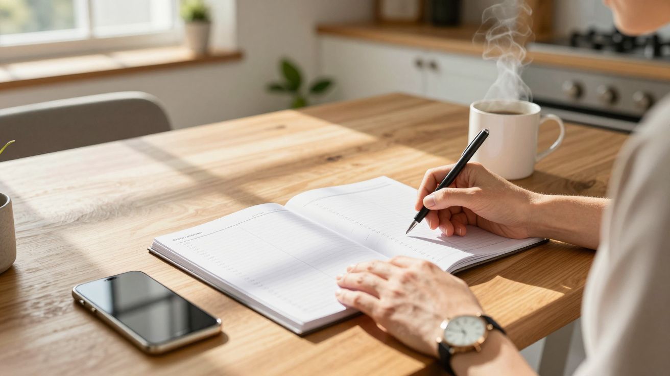 Pessoa escreve num caderno numa cozinha iluminada pela luz do sol, com telemóvel e uma chávena de café na mesa.