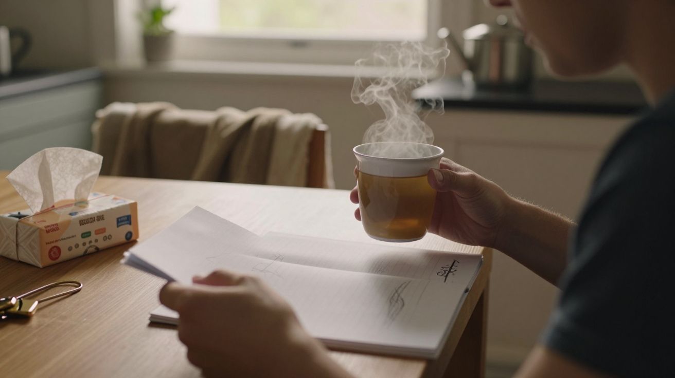 Pessoa segurando chá quente e lendo caderno à mesa, com lenços ao lado.