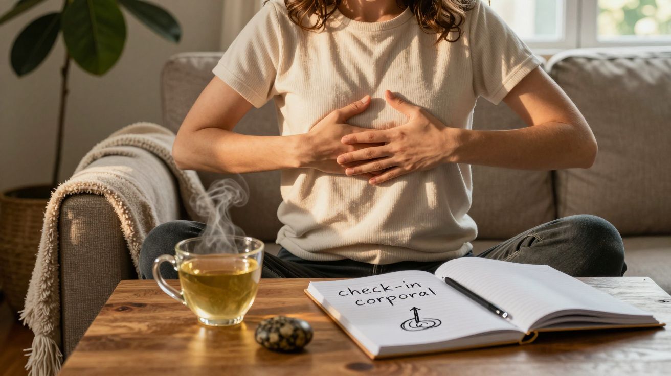 Mulher meditando no sofá com chá e caderno que diz "check-in corporal" sobre a mesa.