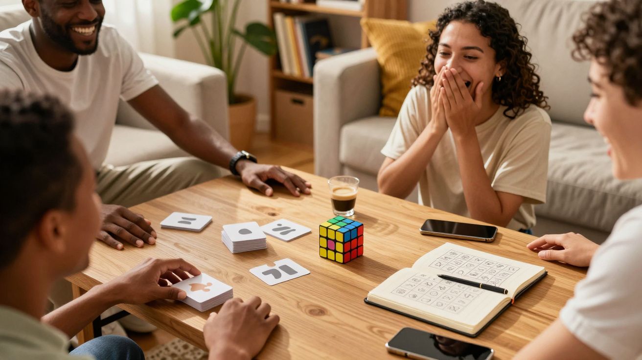 Quatro pessoas jogam cartas e sudoku à mesa, divertindo-se, com cubo mágico e bebida ao lado.