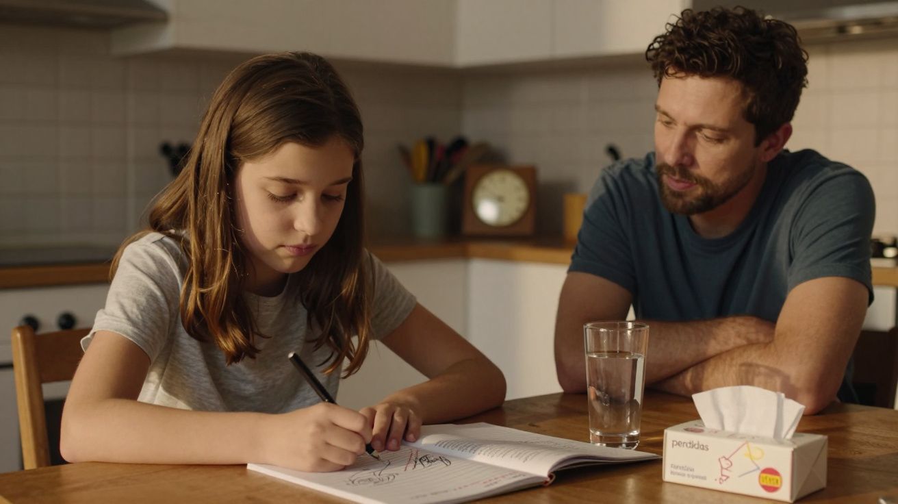 Rapaz a ajudar uma rapariga a fazer os trabalhos de casa numa cozinha, com um copo de água e lenços de papel sobre a mesa.