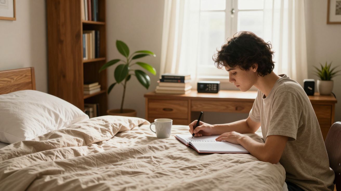 Pessoa sentada na cama a escrever num caderno, com uma chávena ao lado, num quarto iluminado pela luz do dia.